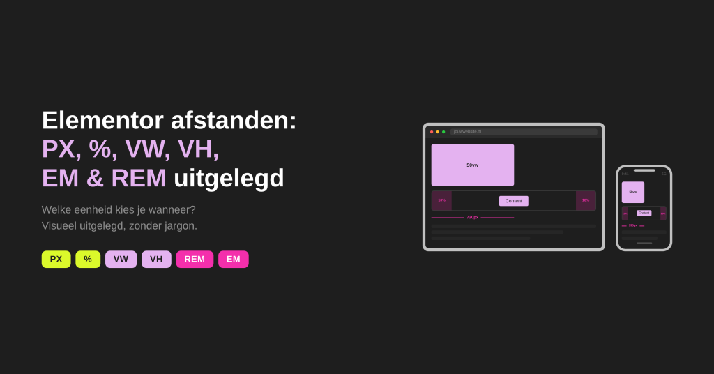 Elementor afstanden instellen: PX, %, VW, VH, EM en REM uitgelegd (met visuals)